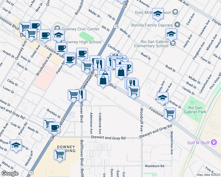 map of restaurants, bars, coffee shops, grocery stores, and more near 9102 Firestone Boulevard in Downey