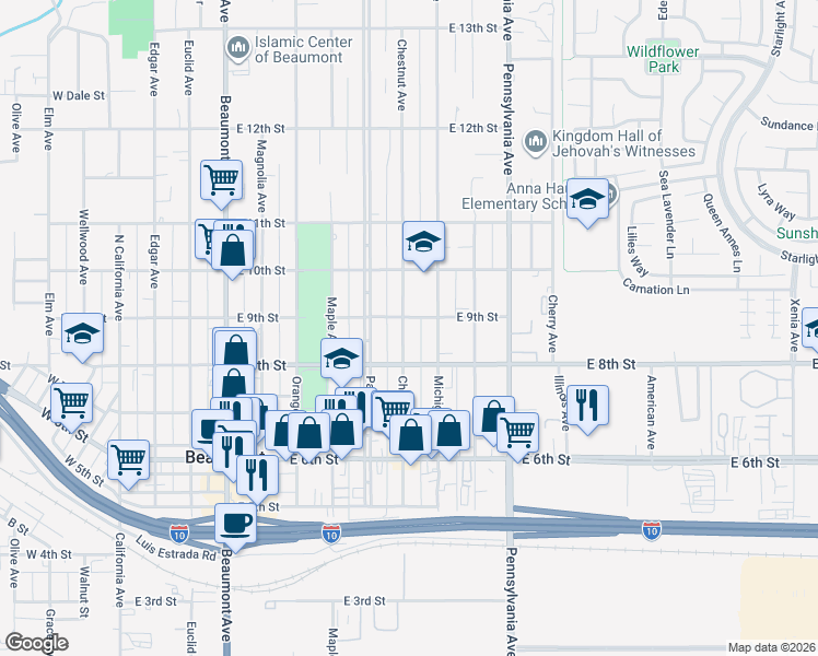 map of restaurants, bars, coffee shops, grocery stores, and more near 874 Chestnut Avenue in Beaumont