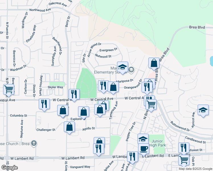 map of restaurants, bars, coffee shops, grocery stores, and more near 350 Catalina Way in Brea