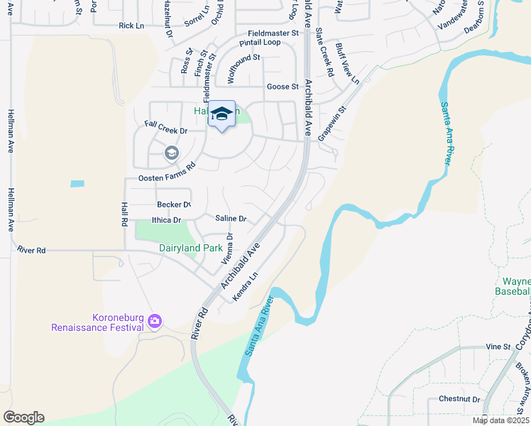 map of restaurants, bars, coffee shops, grocery stores, and more near Lourenco Lane in Eastvale