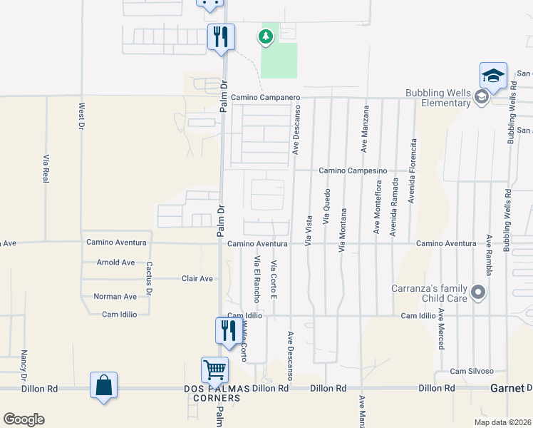map of restaurants, bars, coffee shops, grocery stores, and more near 65151 Avenida De Nuves in Desert Hot Springs