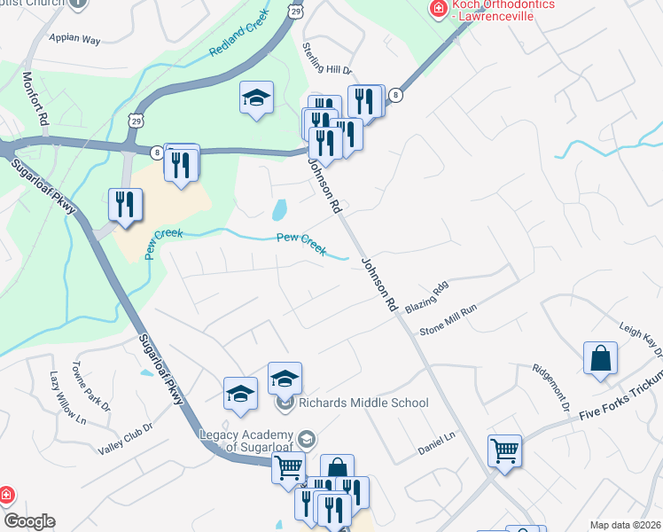 map of restaurants, bars, coffee shops, grocery stores, and more near 1135 Grayland Hills Trail in Lawrenceville