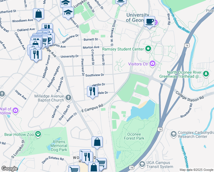 map of restaurants, bars, coffee shops, grocery stores, and more near 159 Riverdale Drive in Athens