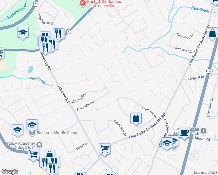 map of restaurants, bars, coffee shops, grocery stores, and more near 268 Mill Ridge Court in Lawrenceville