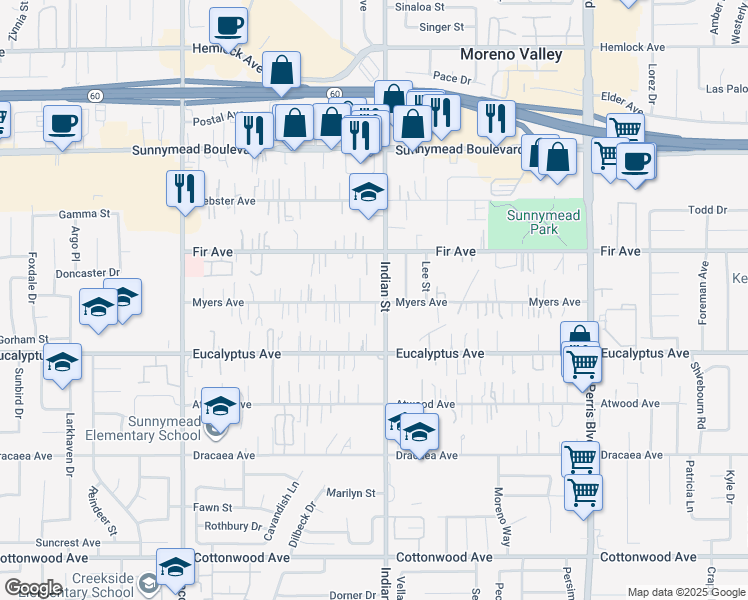map of restaurants, bars, coffee shops, grocery stores, and more near 12917 Indian Street in Moreno Valley