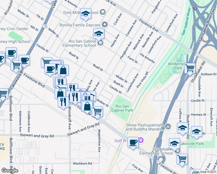 map of restaurants, bars, coffee shops, grocery stores, and more near 9514 La Villa Street in Downey
