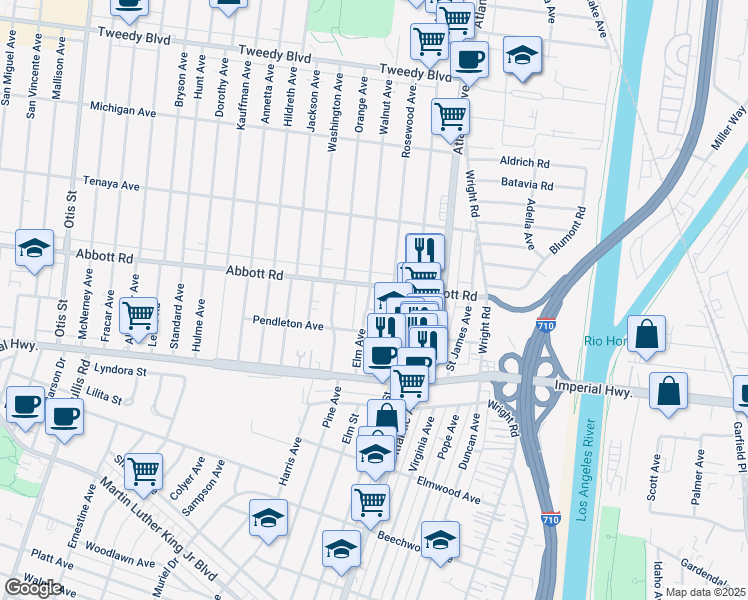 map of restaurants, bars, coffee shops, grocery stores, and more near 4328 Nedra Street in Lynwood