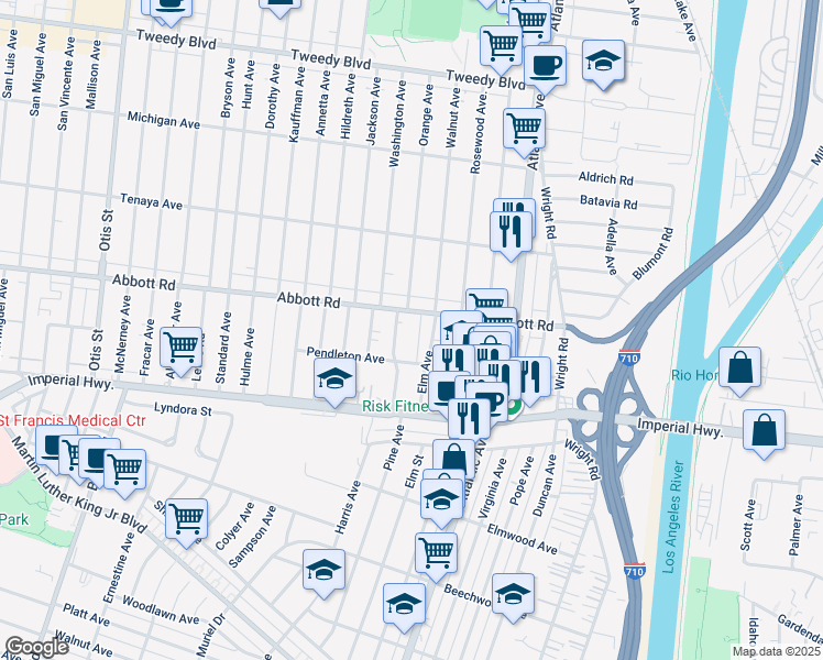 map of restaurants, bars, coffee shops, grocery stores, and more near 4257 Pendleton Avenue in Lynwood