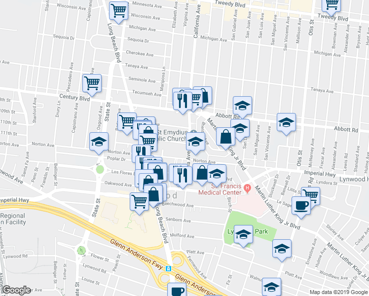 map of restaurants, bars, coffee shops, grocery stores, and more near 3393 Norton Avenue in Lynwood