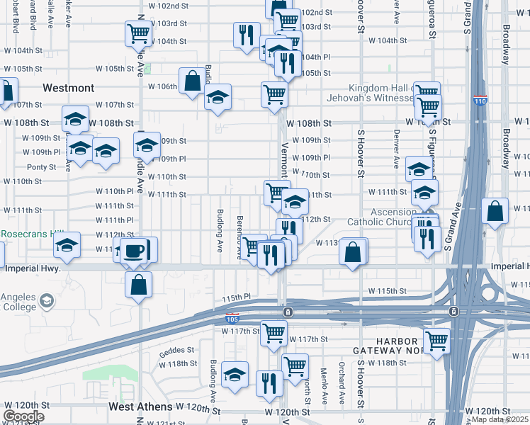 map of restaurants, bars, coffee shops, grocery stores, and more near 1027 West 112th Street in Los Angeles