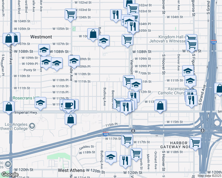 map of restaurants, bars, coffee shops, grocery stores, and more near 1101 West 112th Street in Los Angeles