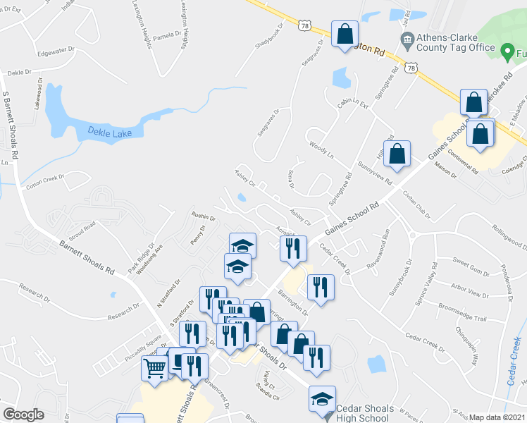 map of restaurants, bars, coffee shops, grocery stores, and more near 750 Gaines School Road in Athens