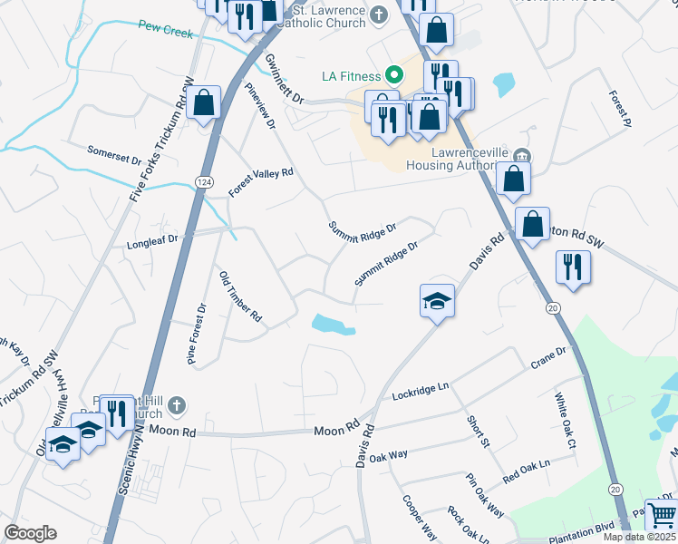 map of restaurants, bars, coffee shops, grocery stores, and more near 168 Woodland Valley Road in Lawrenceville