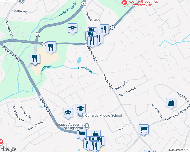 map of restaurants, bars, coffee shops, grocery stores, and more near 1135 Grayland Hills Trail in Lawrenceville