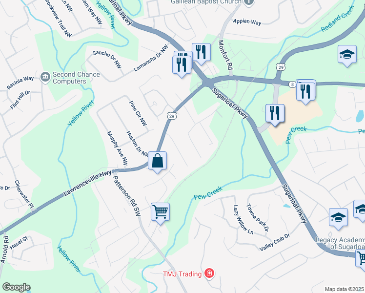 map of restaurants, bars, coffee shops, grocery stores, and more near 115 Davis Mill Court in Lawrenceville