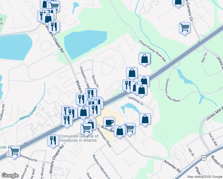 map of restaurants, bars, coffee shops, grocery stores, and more near 7070 Murphy Joy Lane NW in Norcross