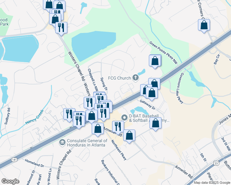 map of restaurants, bars, coffee shops, grocery stores, and more near 3381 Marla Boulevard Northwest in Peachtree Corners