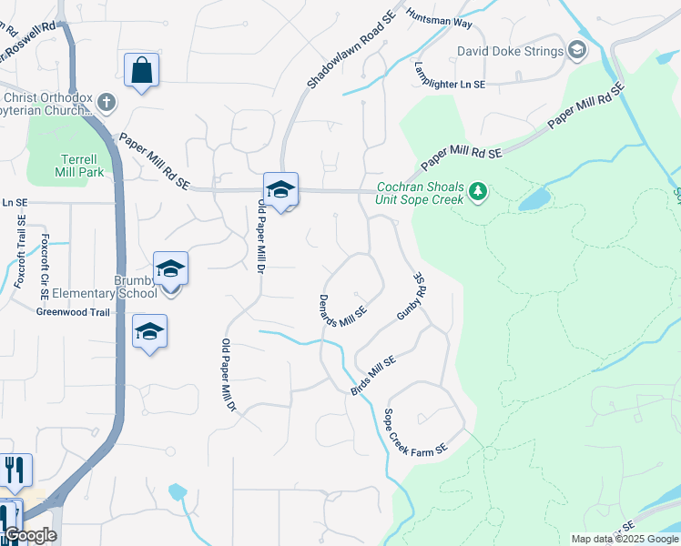 map of restaurants, bars, coffee shops, grocery stores, and more near 3500 Inman Hill Southeast in Marietta