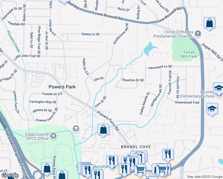 map of restaurants, bars, coffee shops, grocery stores, and more near 775 Fern Street Southeast in Marietta