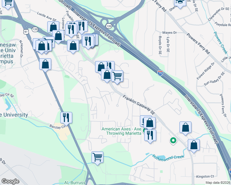 map of restaurants, bars, coffee shops, grocery stores, and more near 730 Franklin Gateway Southeast in Marietta
