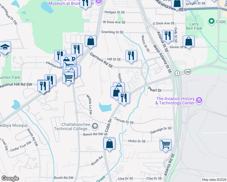 map of restaurants, bars, coffee shops, grocery stores, and more near 1413 Garrison Plantation Drive in Marietta