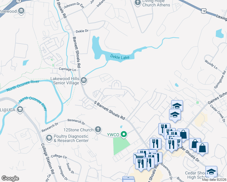 map of restaurants, bars, coffee shops, grocery stores, and more near 1150 Stroud Road in Athens