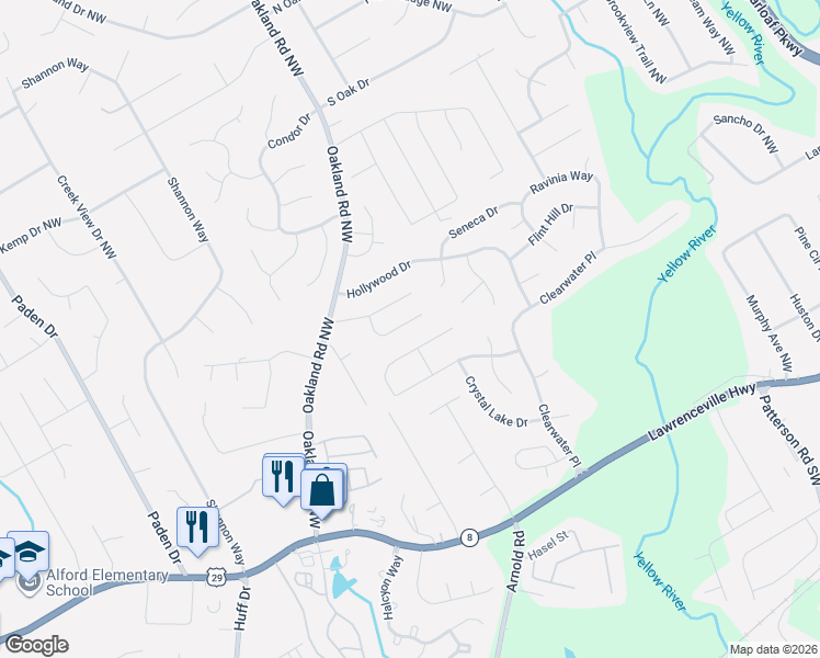 map of restaurants, bars, coffee shops, grocery stores, and more near 2373 Cheyenne Lane Northwest in Lawrenceville