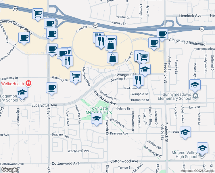 map of restaurants, bars, coffee shops, grocery stores, and more near 22500 Greenwich Court in Moreno Valley