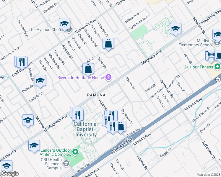 map of restaurants, bars, coffee shops, grocery stores, and more near 8197 Sherwood Place in Riverside