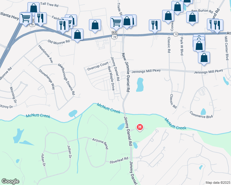 map of restaurants, bars, coffee shops, grocery stores, and more near 660 Creek Ridge Lane in Bogart