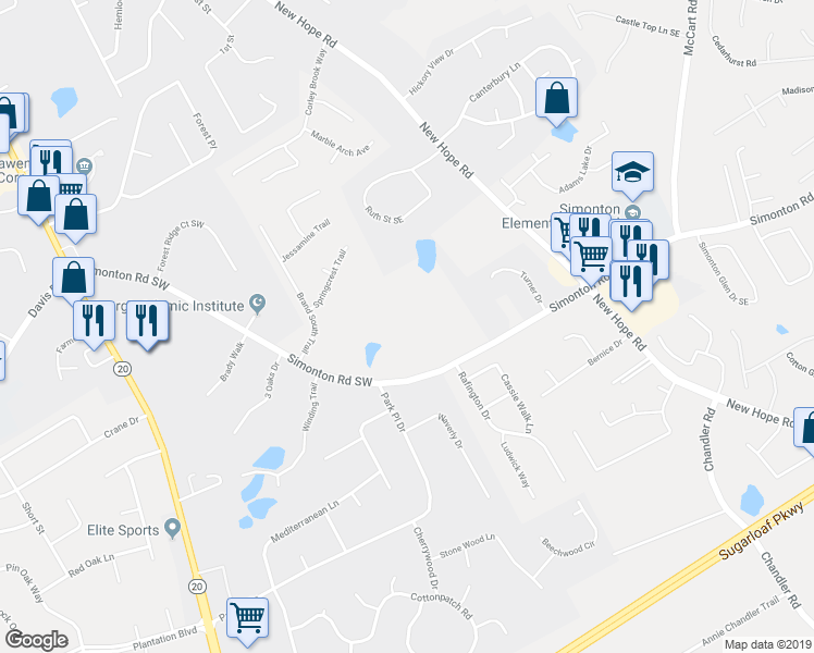 map of restaurants, bars, coffee shops, grocery stores, and more near 37 Simonton Road Southwest in Lawrenceville