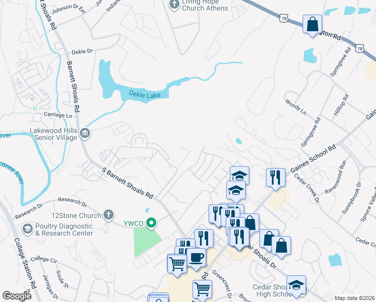 map of restaurants, bars, coffee shops, grocery stores, and more near 222 Parkridge Drive in Athens