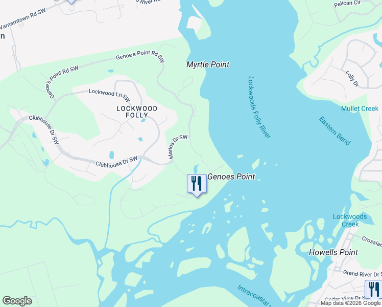 map of restaurants, bars, coffee shops, grocery stores, and more near 74 Clubhouse Drive Southwest in Brunswick County