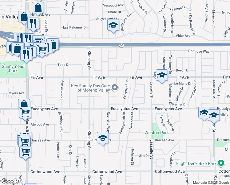 map of restaurants, bars, coffee shops, grocery stores, and more near 12810 Ardos Street in Moreno Valley