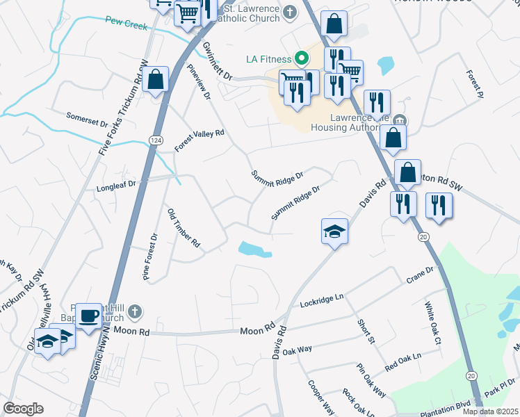 map of restaurants, bars, coffee shops, grocery stores, and more near 168 Woodland Valley Road in Lawrenceville