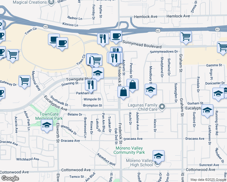 map of restaurants, bars, coffee shops, grocery stores, and more near 12845 Frederick Street in Moreno Valley
