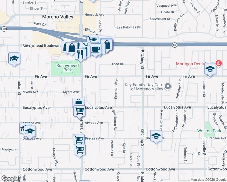 map of restaurants, bars, coffee shops, grocery stores, and more near 12881 Foreman Avenue in Moreno Valley