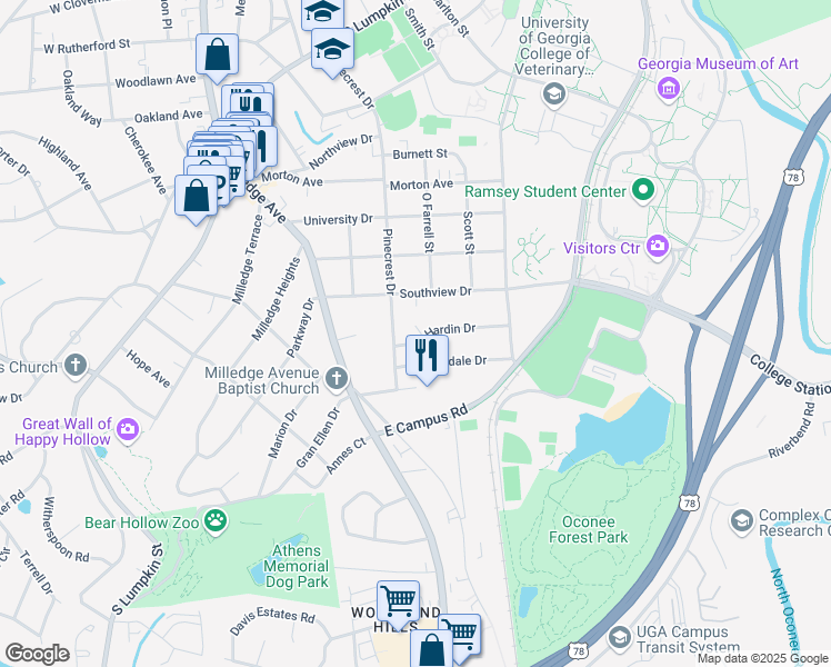 map of restaurants, bars, coffee shops, grocery stores, and more near 115 Hardin Drive in Athens