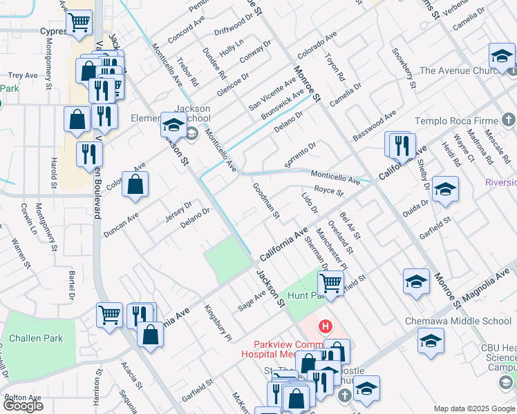 map of restaurants, bars, coffee shops, grocery stores, and more near 9001 Admiralty Circle in Riverside