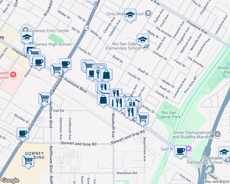 map of restaurants, bars, coffee shops, grocery stores, and more near 11000 Woodruff Avenue in Downey
