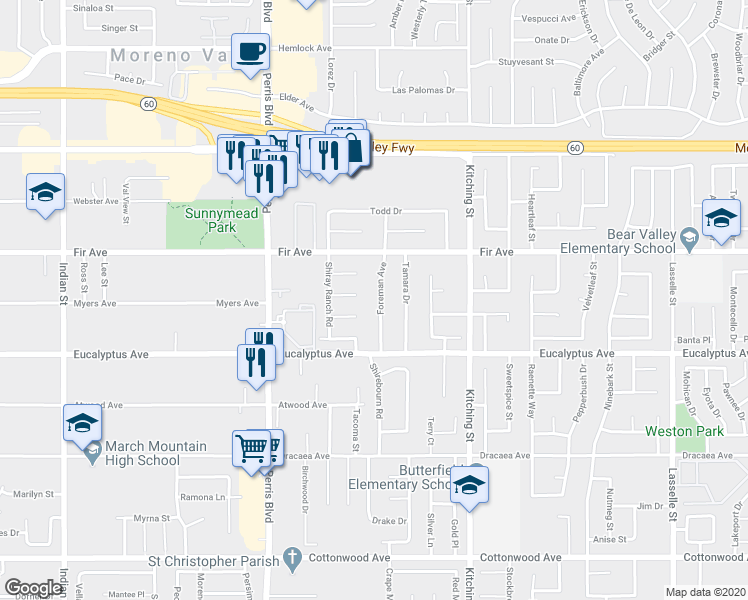map of restaurants, bars, coffee shops, grocery stores, and more near 12881 Foreman Avenue in Moreno Valley