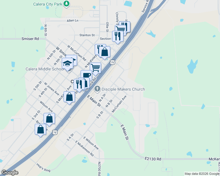 map of restaurants, bars, coffee shops, grocery stores, and more near 212 North A Street in Calera