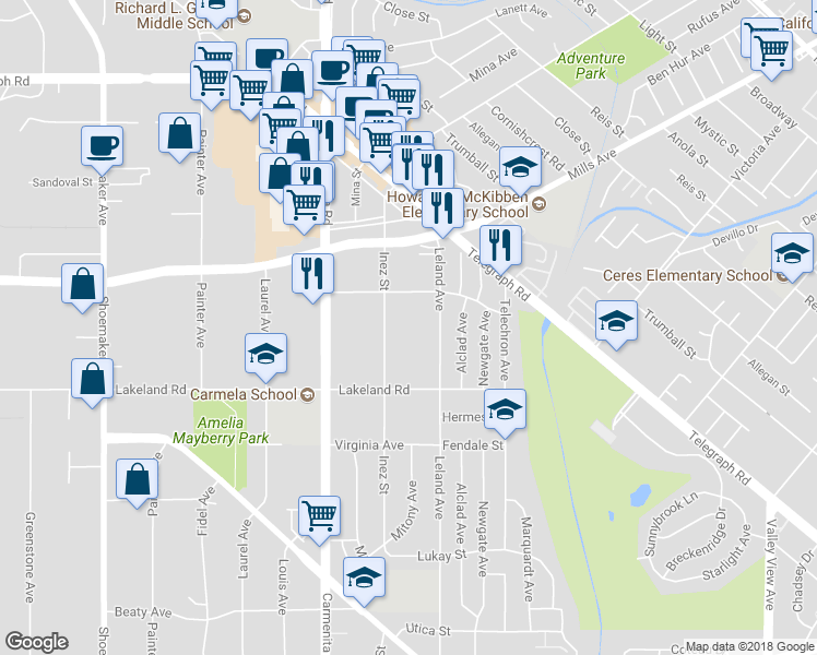 map of restaurants, bars, coffee shops, grocery stores, and more near 10840 Inez Street in Whittier