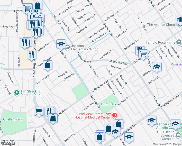 map of restaurants, bars, coffee shops, grocery stores, and more near 9001 Admiralty Circle in Riverside