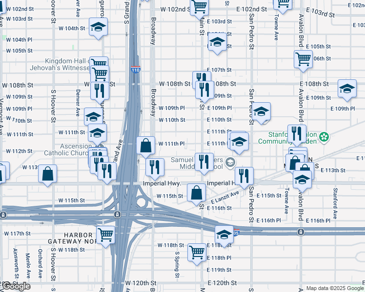 map of restaurants, bars, coffee shops, grocery stores, and more near 154 West 111th Place in Los Angeles