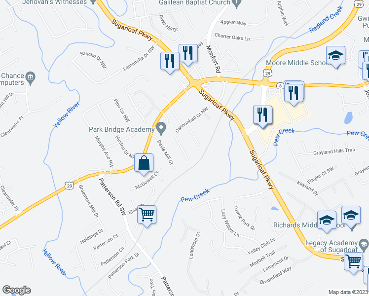 map of restaurants, bars, coffee shops, grocery stores, and more near 1714 Cannonball Court Northwest in Lawrenceville