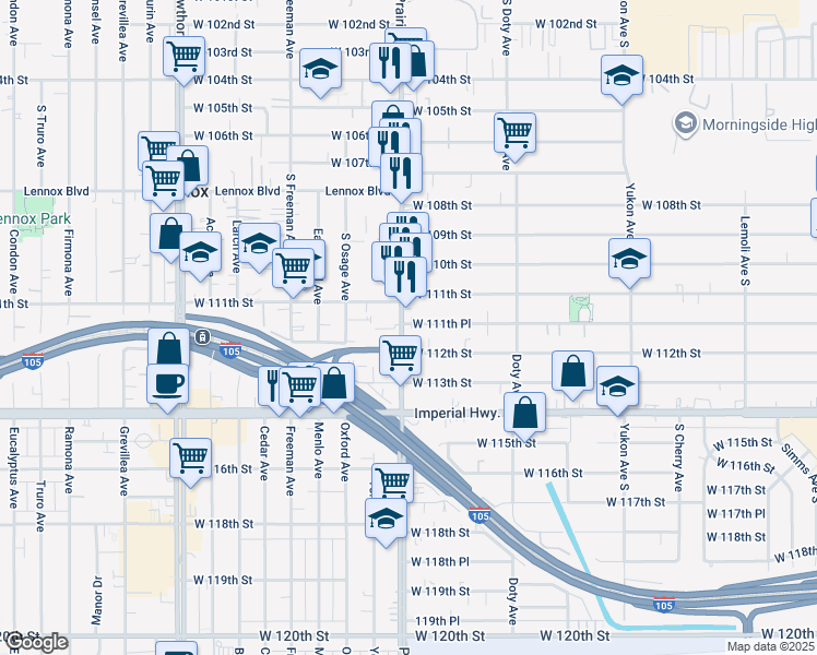 map of restaurants, bars, coffee shops, grocery stores, and more near in Inglewood