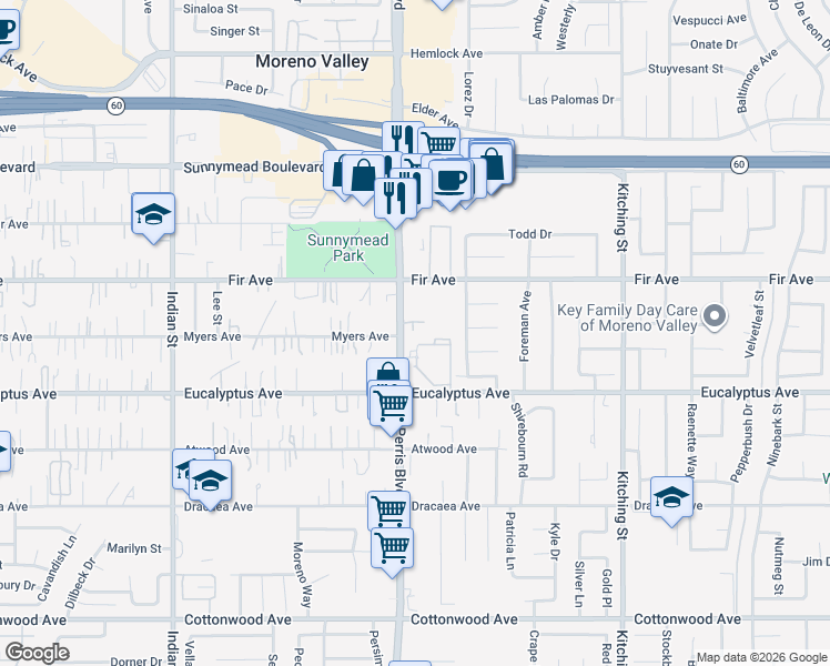 map of restaurants, bars, coffee shops, grocery stores, and more near 12860 Perris Boulevard in Moreno Valley