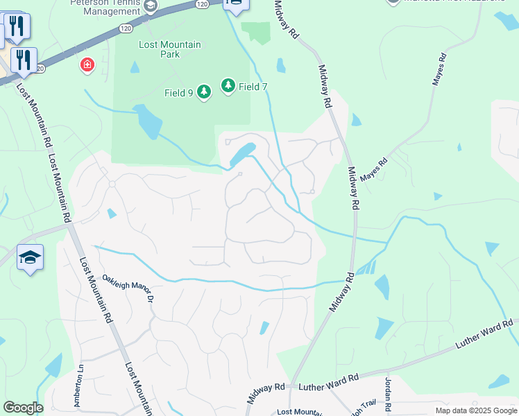 map of restaurants, bars, coffee shops, grocery stores, and more near 672 Red Sunset Circle in Powder Springs