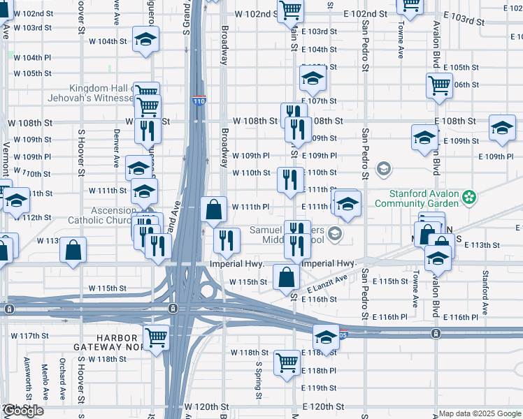 map of restaurants, bars, coffee shops, grocery stores, and more near 154 West 111th Place in Los Angeles
